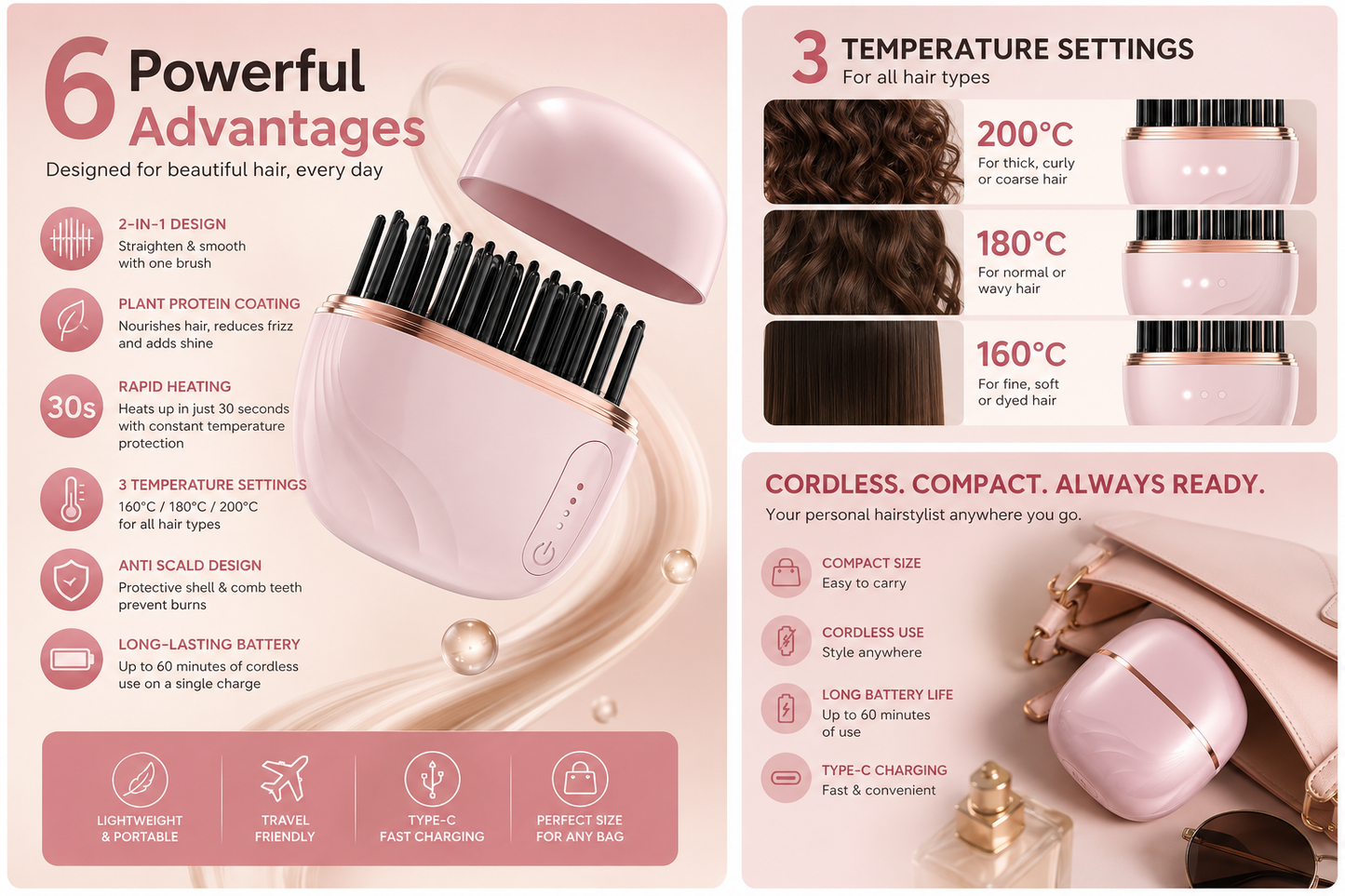 Mini Cordless Hair Straightener Brush