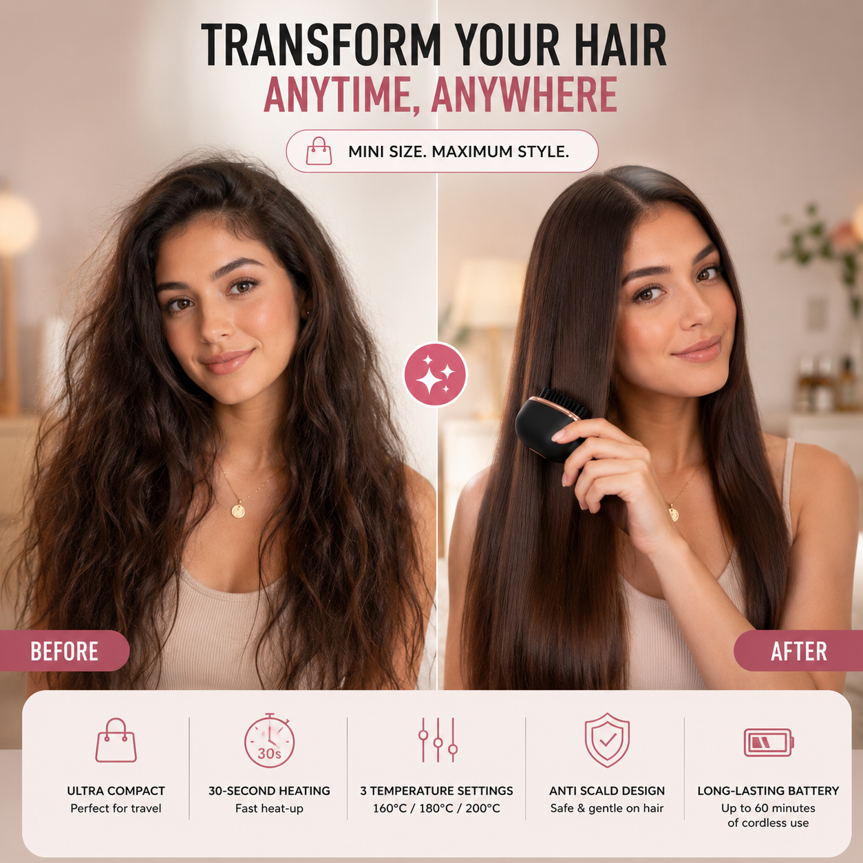 Mini Cordless Hair Straightener Brush